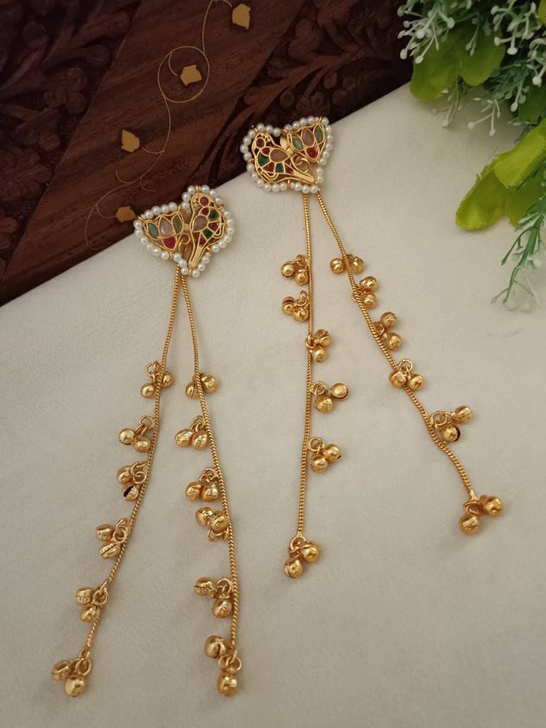Brass-Plated Kundan Peacock Kashmiri Drop Ghungaroo Earrings With Earchains : VS105420