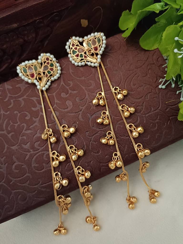 Brass-Plated Kundan Peacock Kashmiri Drop Ghungaroo Earrings With Earchains : VS105420
