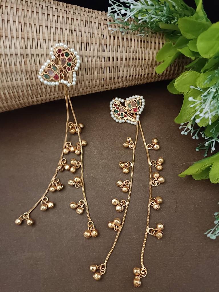 Brass-Plated Kundan Peacock Kashmiri Drop Ghungaroo Earrings With Earchains : VS105420