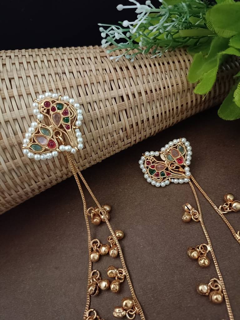 Brass-Plated Kundan Peacock Kashmiri Drop Ghungaroo Earrings With Earchains : VS105420