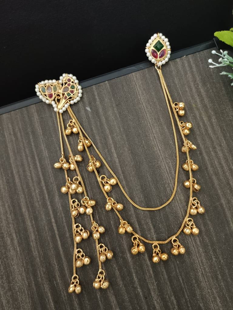 Brass-Plated Kundan Peacock Kashmiri Drop Ghungaroo Earrings With Earchains : VS105420