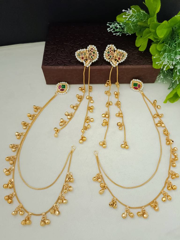 Brass-Plated Kundan Peacock Kashmiri Drop Ghungaroo Earrings With Earchains : VS105420