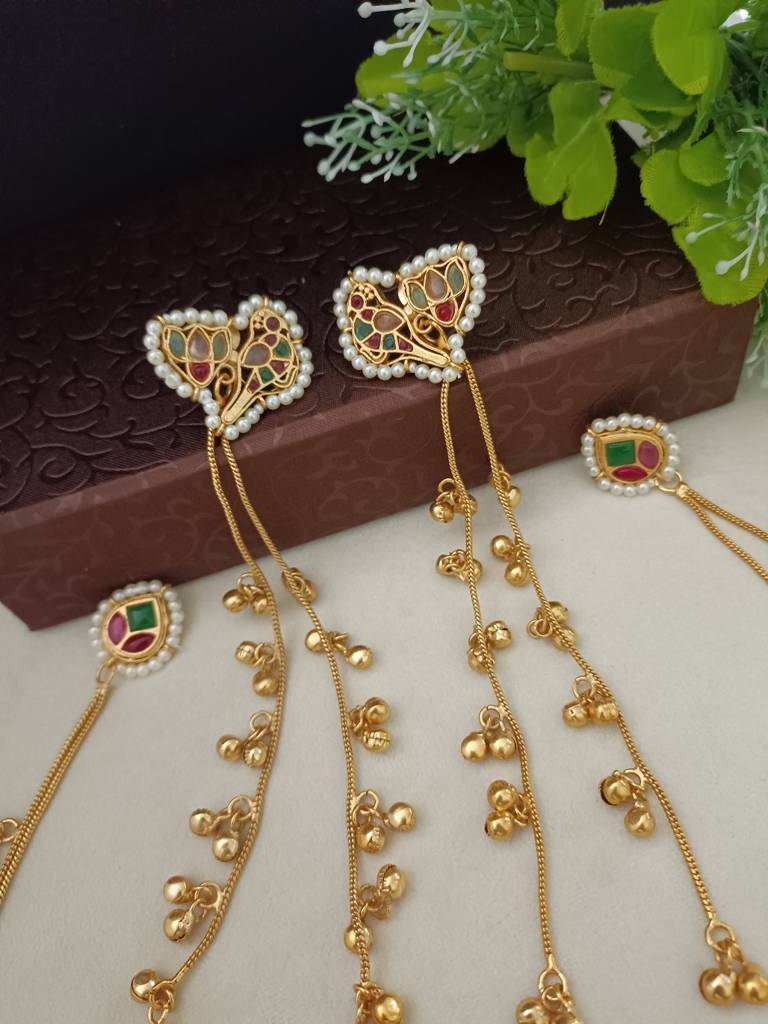 Brass-Plated Kundan Peacock Kashmiri Drop Ghungaroo Earrings With Earchains : VS105420