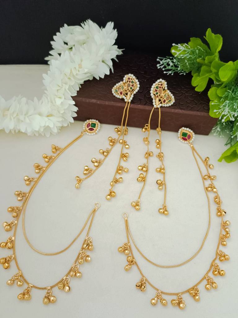 Brass-Plated Kundan Peacock Kashmiri Drop Ghungaroo Earrings With Earchains : VS105420