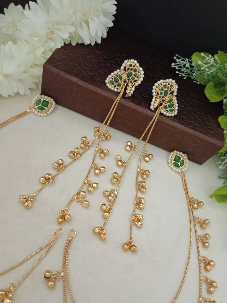 Brass-Plated Kundan Peacock Kashmiri Drop Ghungaroo Earrings With Earchains : VS105418