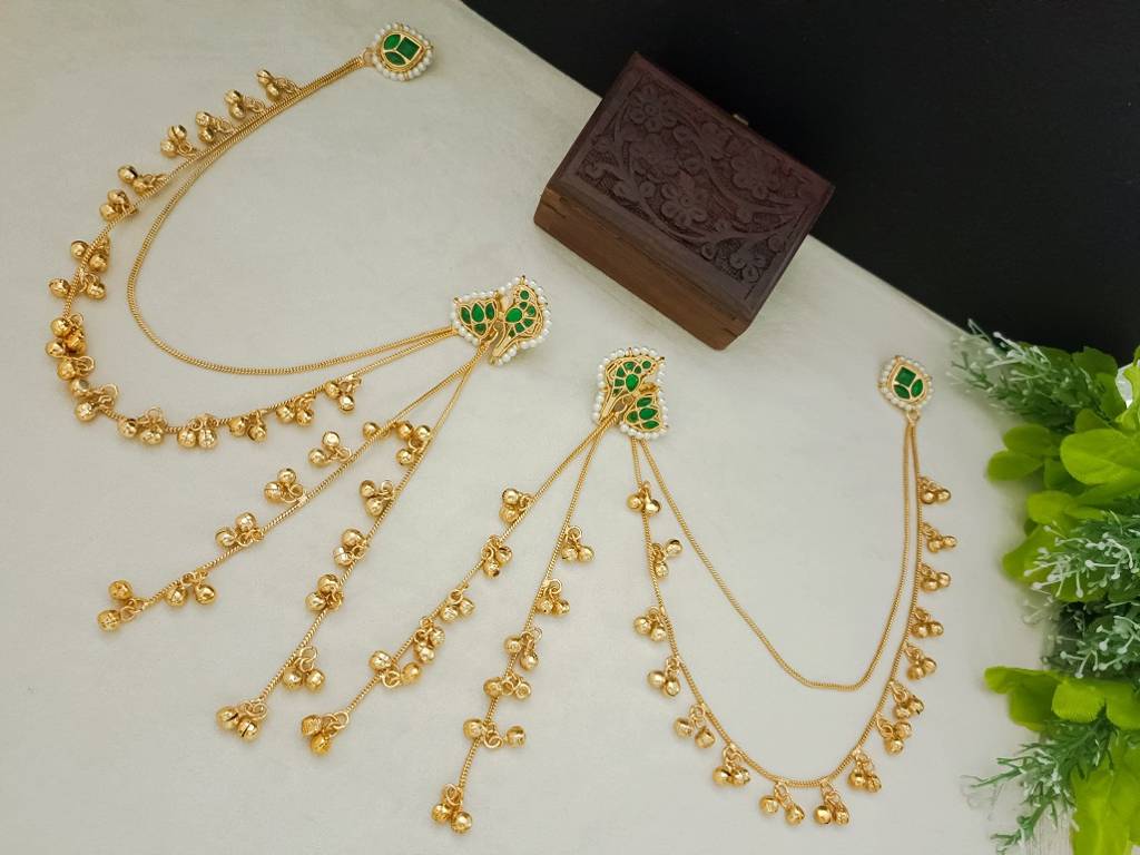 Brass-Plated Kundan Peacock Kashmiri Drop Ghungaroo Earrings With Earchains : VS105418