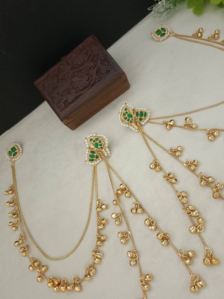 Brass-Plated Kundan Peacock Kashmiri Drop Ghungaroo Earrings With Earchains : VS105418