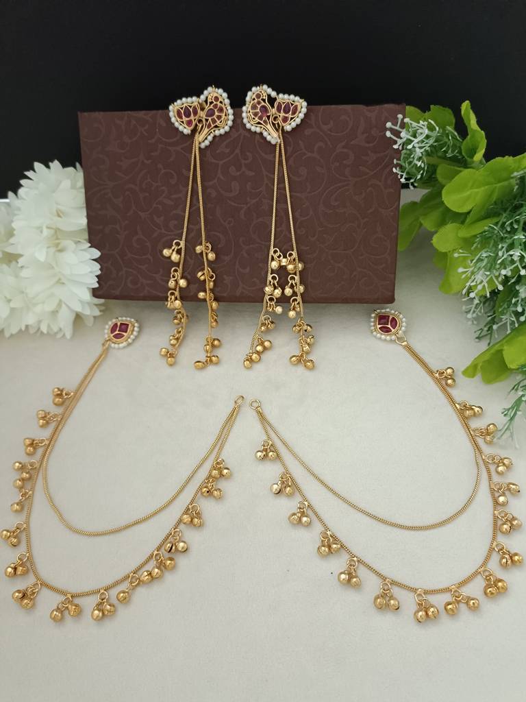 Brass-Plated Kundan Peacock Kashmiri Drop Ghungaroo Earrings With Earchains : VS105419
