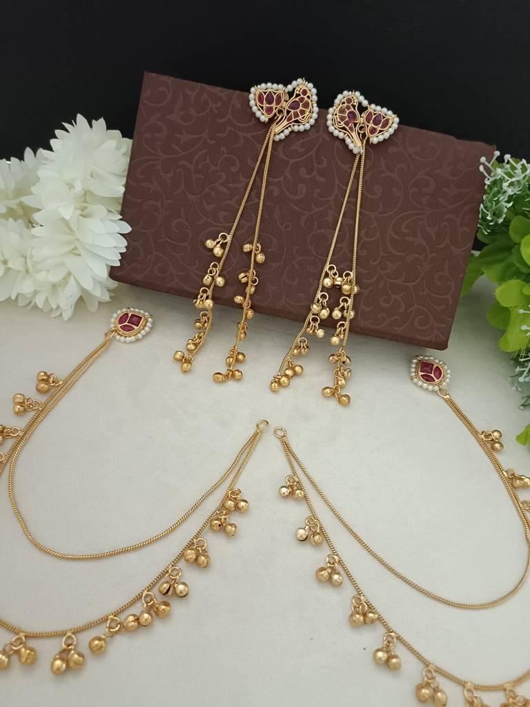 Brass-Plated Kundan Peacock Kashmiri Drop Ghungaroo Earrings With Earchains : VS105419