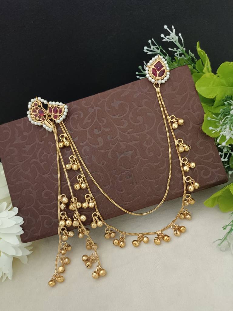 Brass-Plated Kundan Peacock Kashmiri Drop Ghungaroo Earrings With Earchains : VS105419