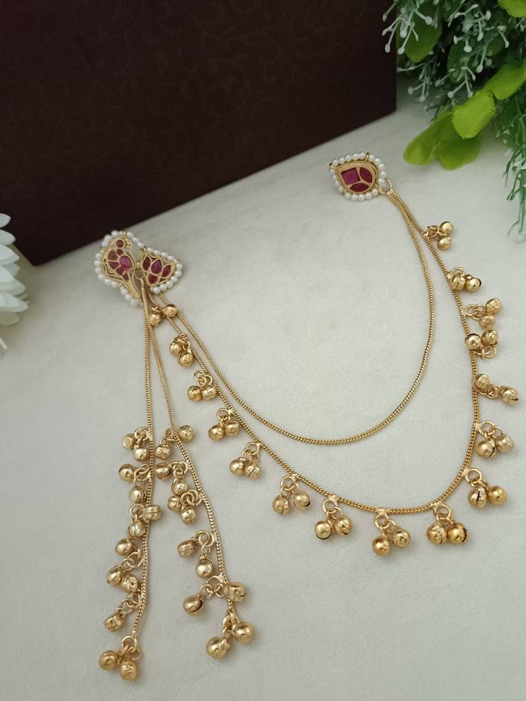 Brass-Plated Kundan Peacock Kashmiri Drop Ghungaroo Earrings With Earchains : VS105419