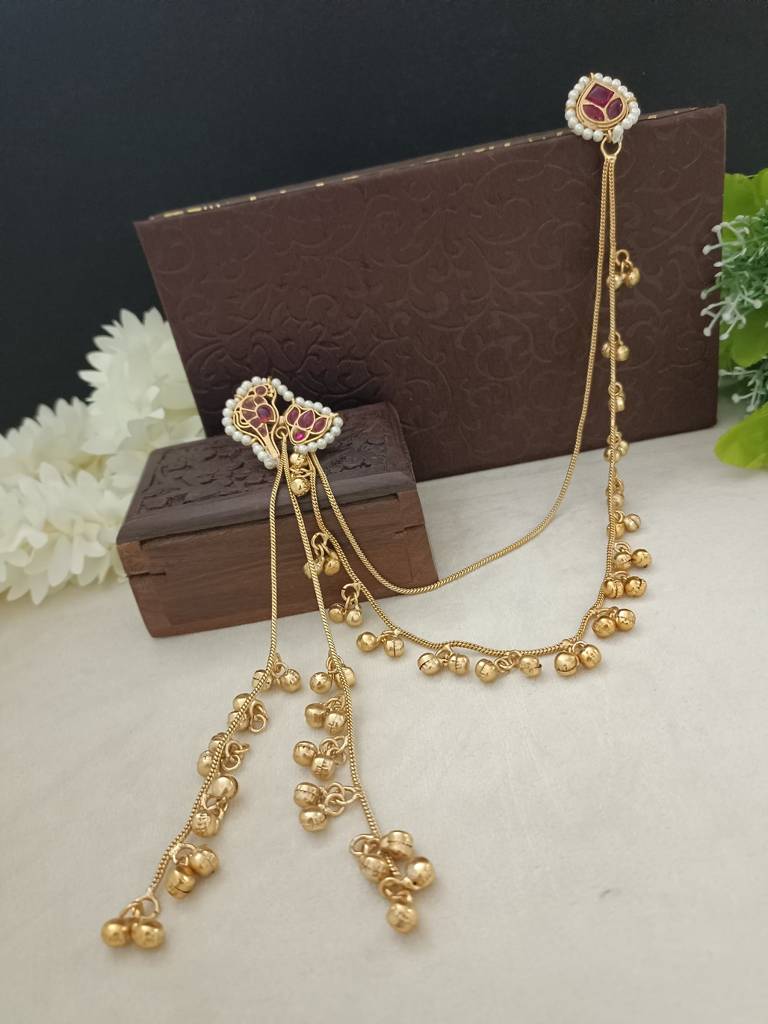 Brass-Plated Kundan Peacock Kashmiri Drop Ghungaroo Earrings With Earchains : VS105419