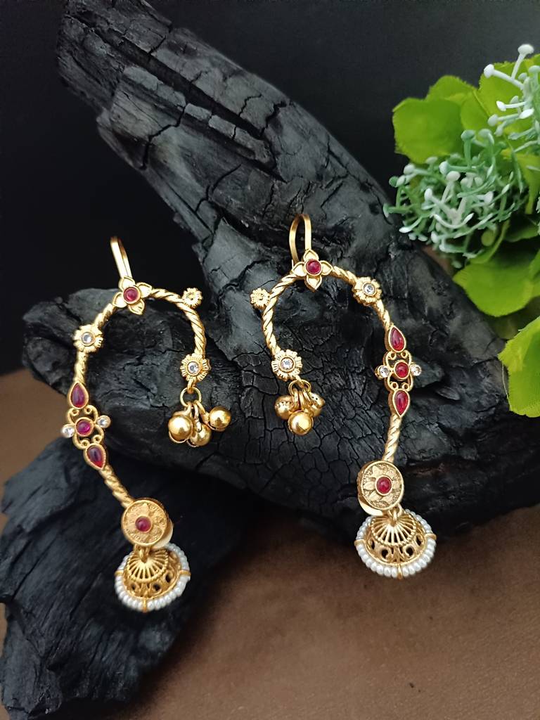 Gold-Plated Jhumki Bugadi Earcuff With Stones & Pearl Detailing : VS105422