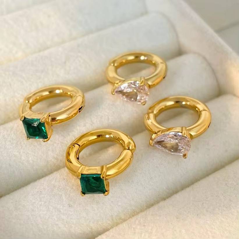 18Kt Gold Plated Emerald Square Zircon Cuff Earrings, Lopa (No Piercing Required) : INLOPA