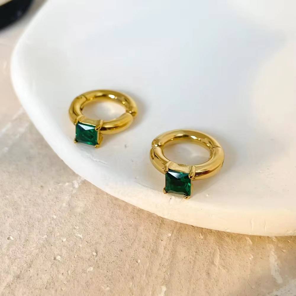 18Kt Gold Plated Emerald Square Zircon Cuff Earrings, Lopa (No Piercing Required) : INLOPA