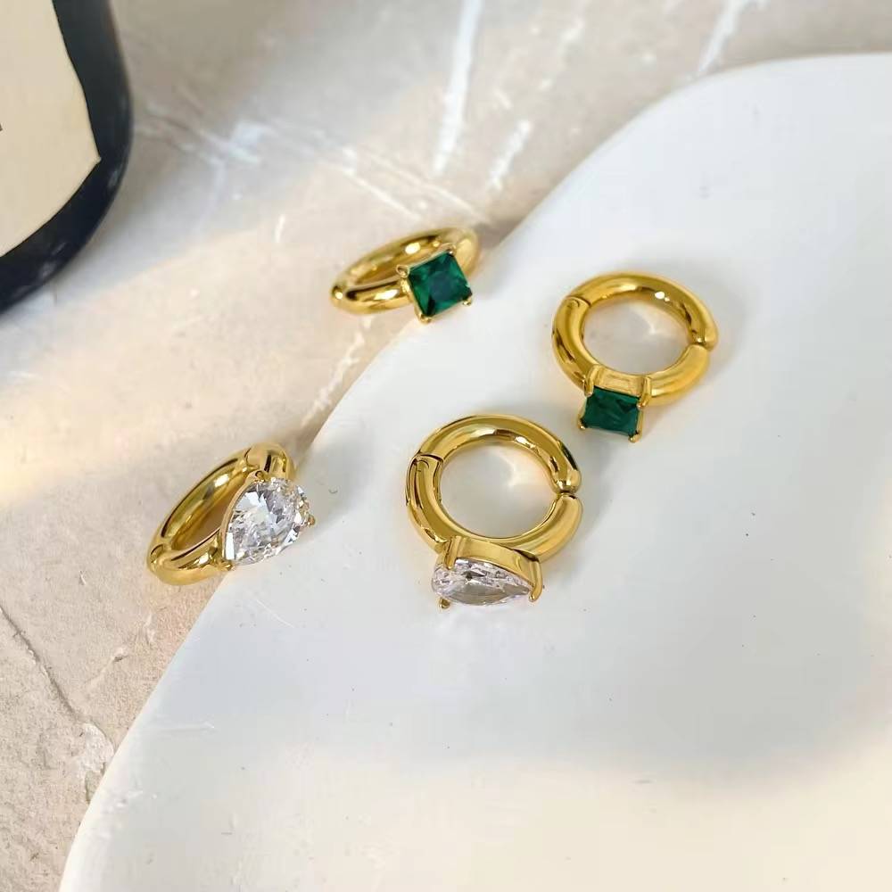 18Kt Gold Plated Emerald Square Zircon Cuff Earrings, Lopa (No Piercing Required) : INLOPA