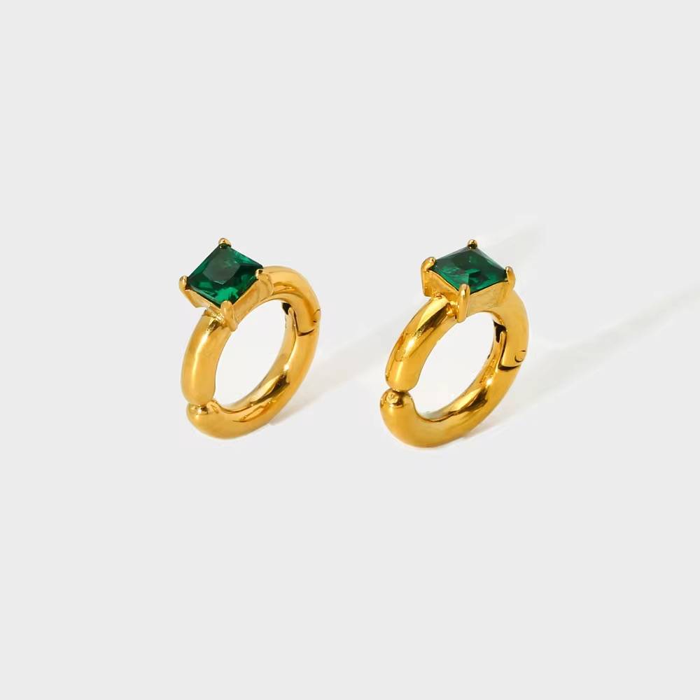 18Kt Gold Plated Emerald Square Zircon Cuff Earrings, Lopa (No Piercing Required) : INLOPA