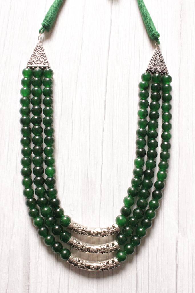 Green Glass Beads Metal 3 Layer Necklace : ALT-JEW-KM-40