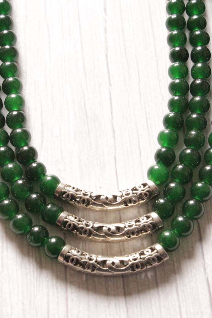 Green Glass Beads Metal 3 Layer Necklace : ALT-JEW-KM-40
