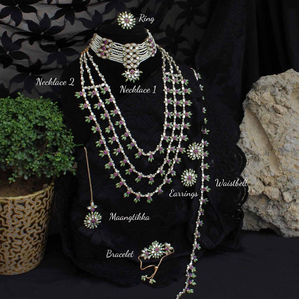 Pearl Twirl Full Set With Long Necklace, Choker, Earrings, Maangtikka, Bracelet, Ring & Waistbelt : ACFS502