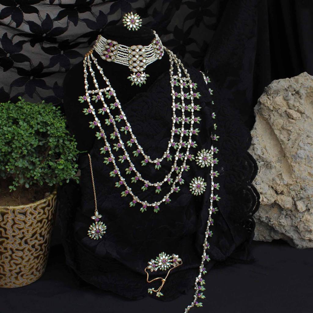 Pearl Twirl Full Set With Long Necklace, Choker, Earrings, Maangtikka, Bracelet, Ring & Waistbelt : ACFS502