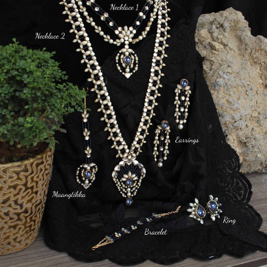 Blue Hues Full Set With Choker, Long Necklace, Earrings, Bracelet & 2 Rings : ACFS512