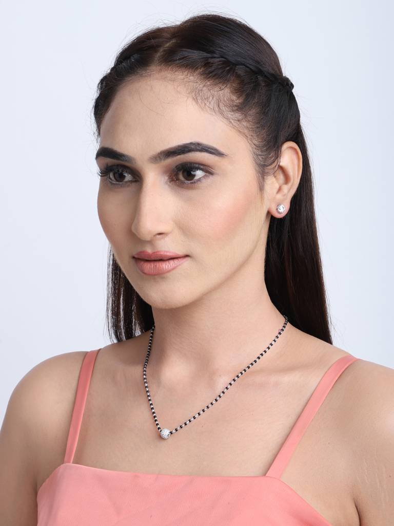 925 Sterling Silver Ball Mangalsutra Tanmaniya Pendant Earring Jewellery Set With Chain Gift For Women And Girls : CSWZMP55ME51