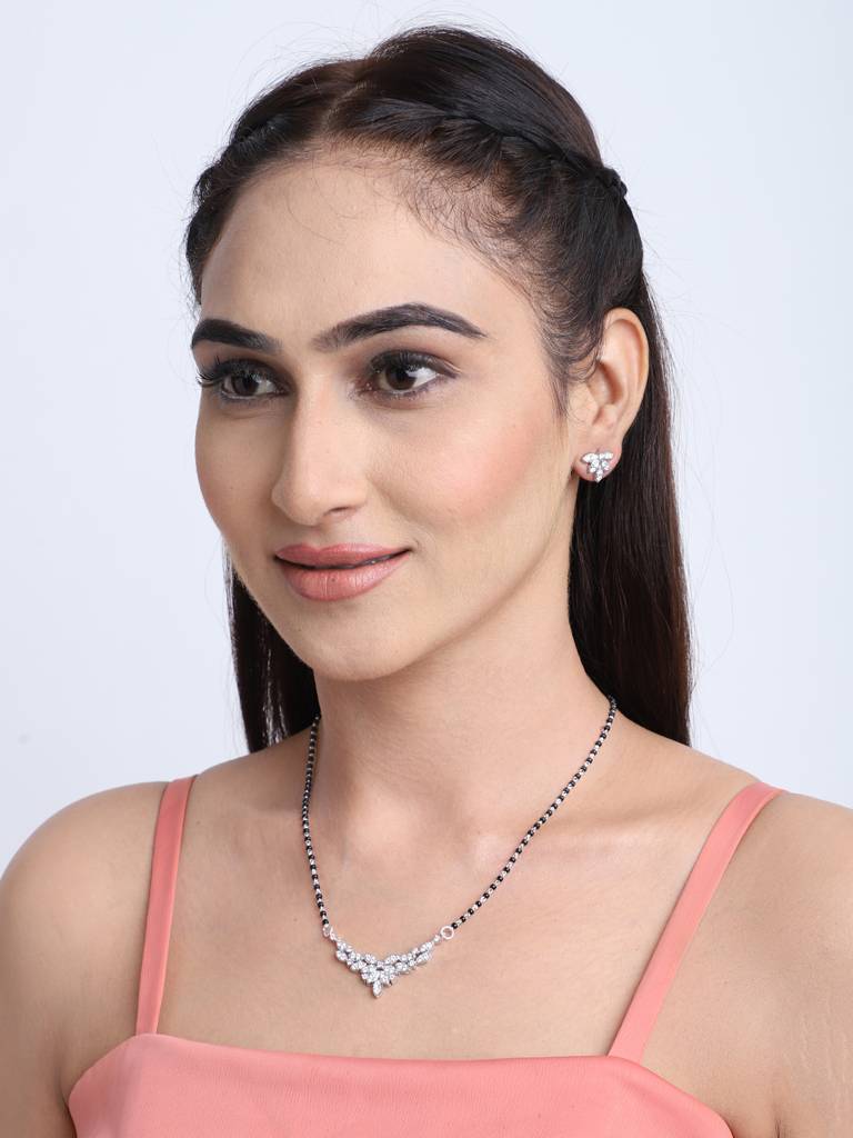 925 Sterling Silver Elsie Mangalsutra Tanmaniya Pendant Earring Jewellery Set With Chain Gift For Women And Girls : CSWZMP74ME74