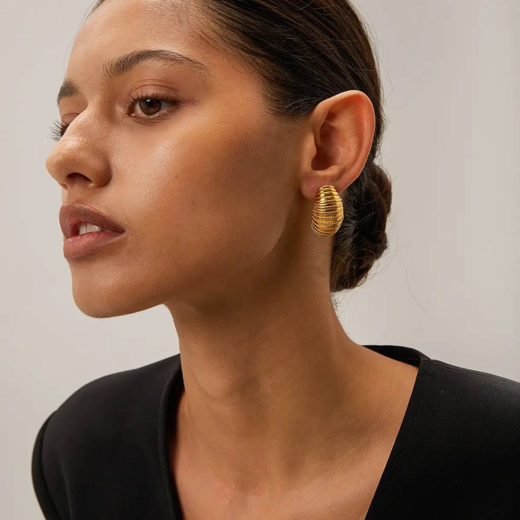 18Kt Gold Plated Classic Texture Croissant Stud Earrings, Rebecca Pearson : INREBECCA