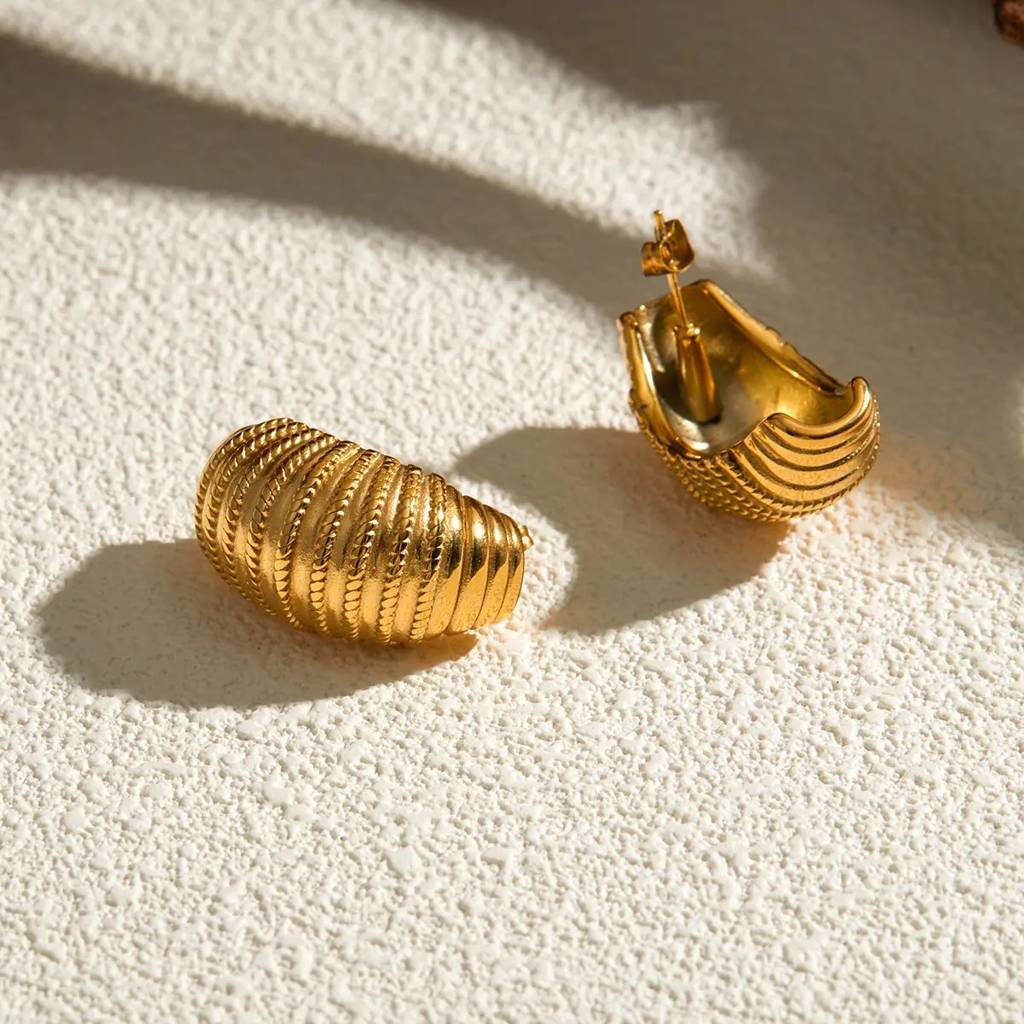 18Kt Gold Plated Classic Texture Croissant Stud Earrings, Rebecca Pearson : INREBECCA