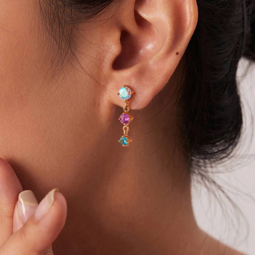 18Kt Gold Plated Round Colorful Cubic Zirconia & Moonstone Drop Earrings, Rory Gilmore : INRORY