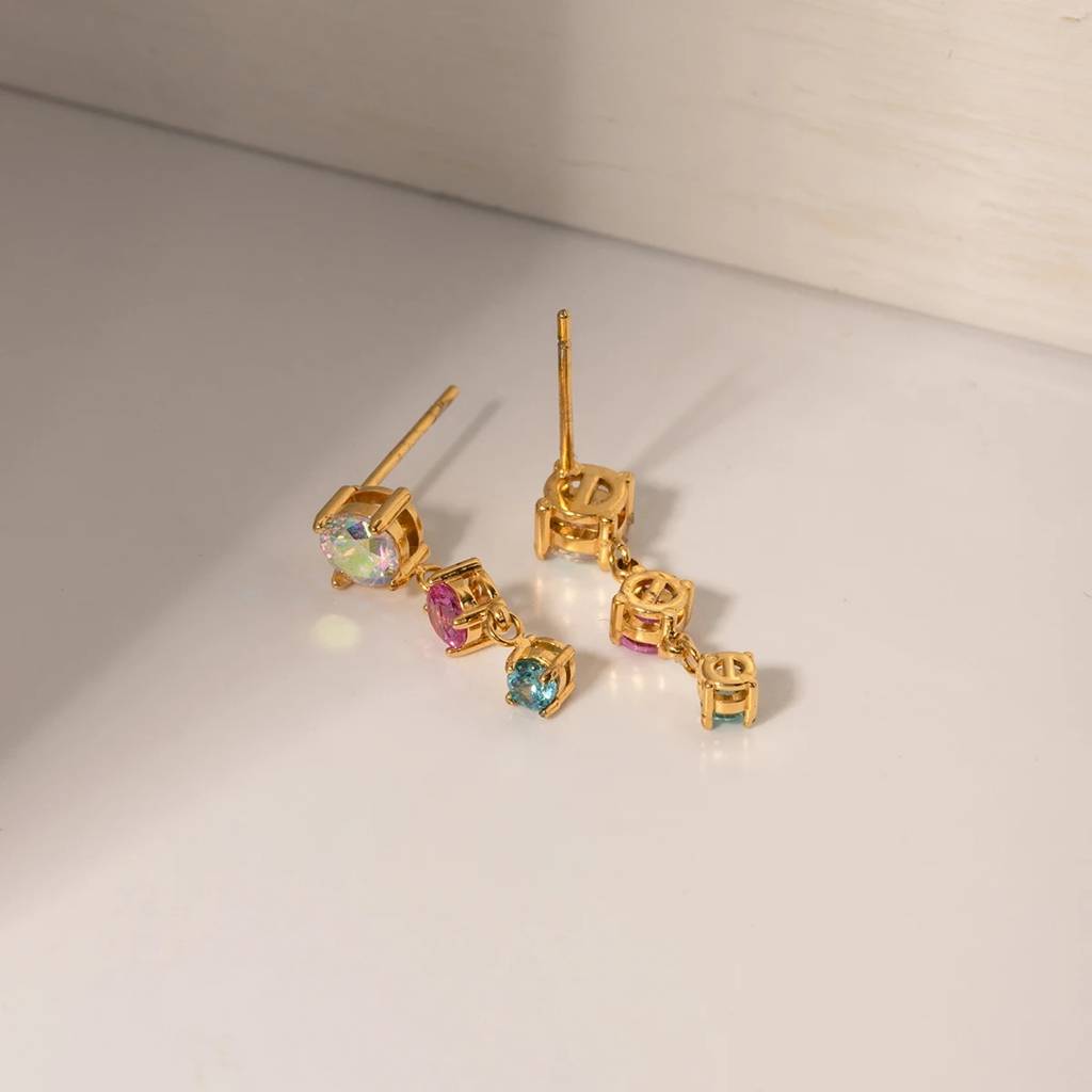 18Kt Gold Plated Round Colorful Cubic Zirconia & Moonstone Drop Earrings, Rory Gilmore : INRORY