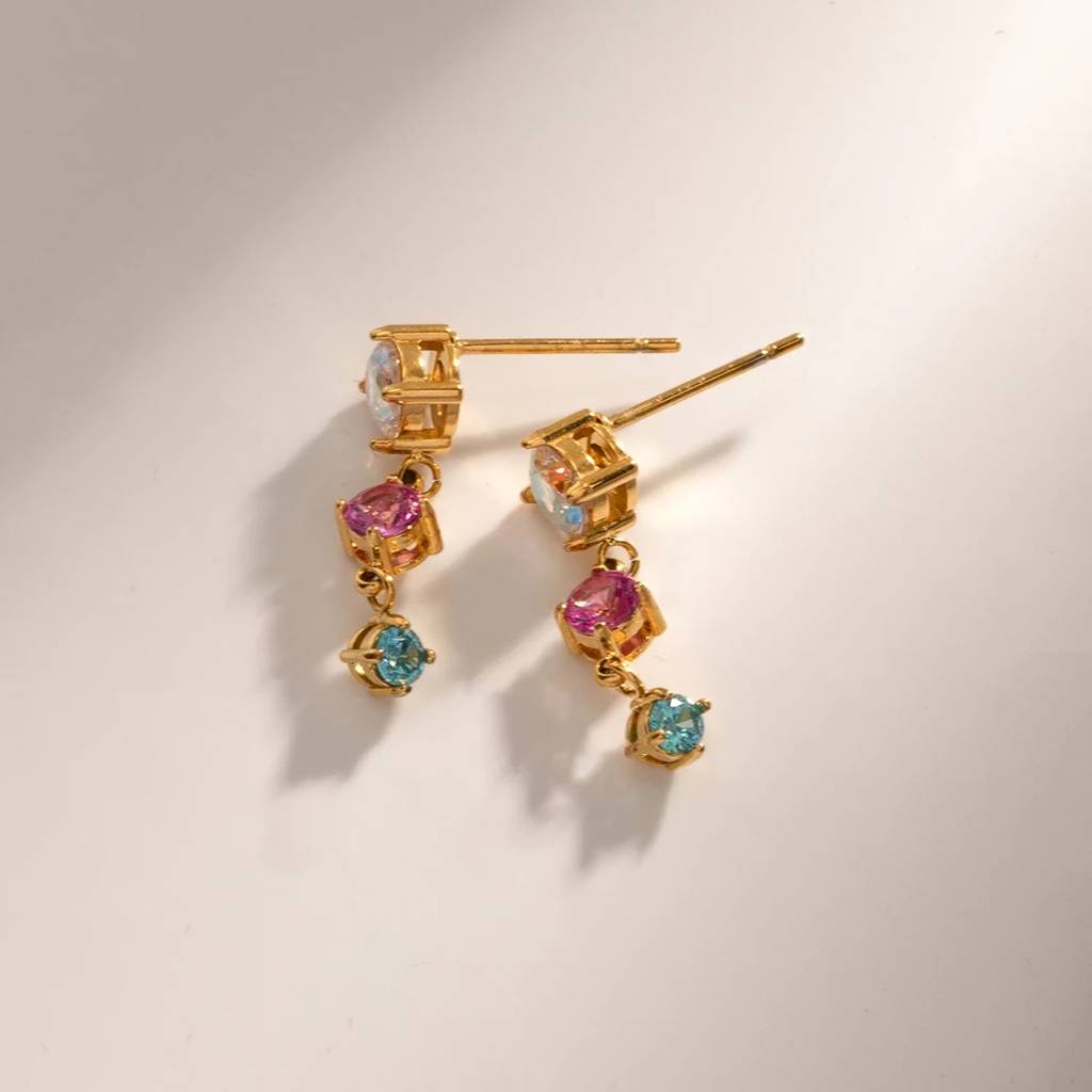 18Kt Gold Plated Round Colorful Cubic Zirconia & Moonstone Drop Earrings, Rory Gilmore : INRORY