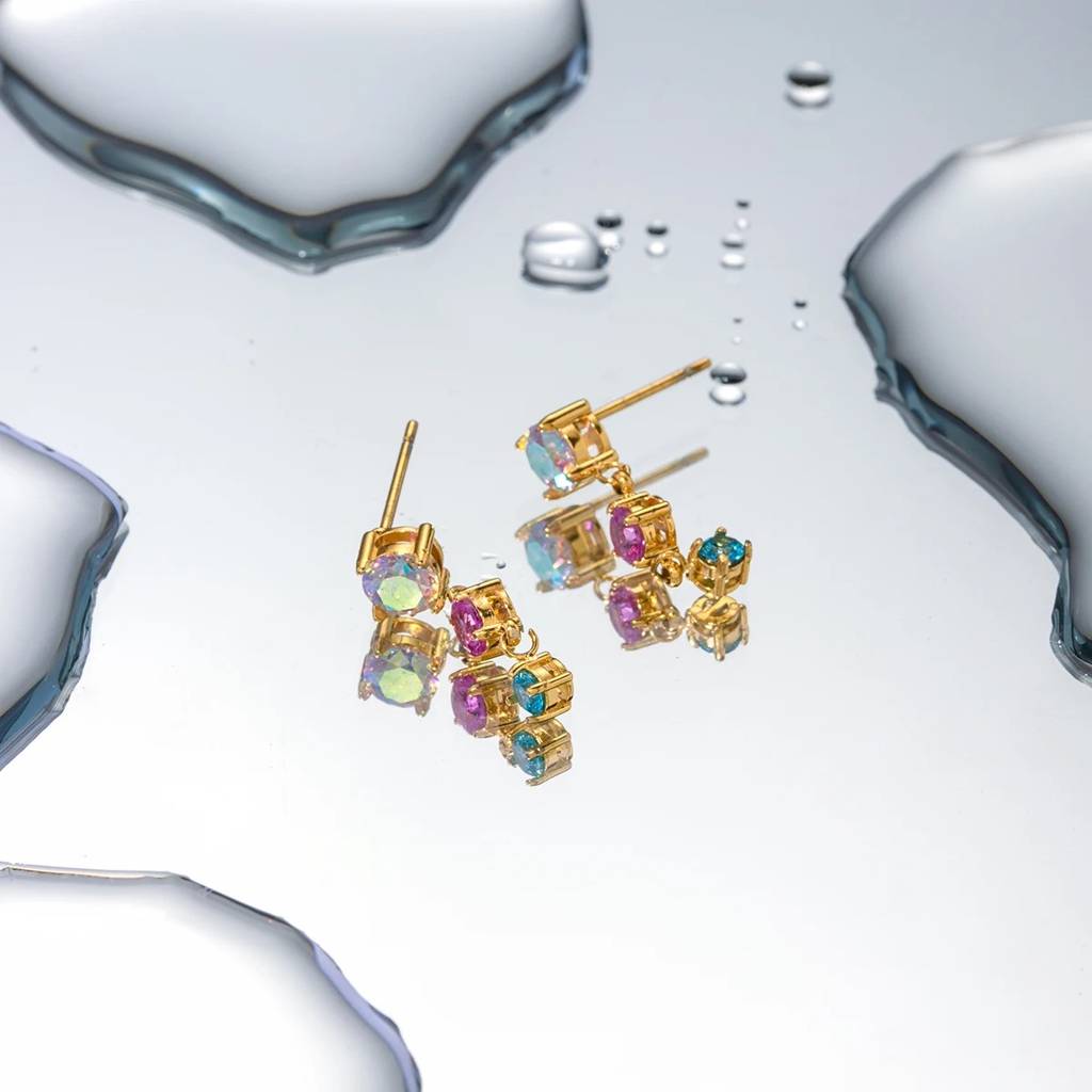 18Kt Gold Plated Round Colorful Cubic Zirconia & Moonstone Drop Earrings, Rory Gilmore : INRORY