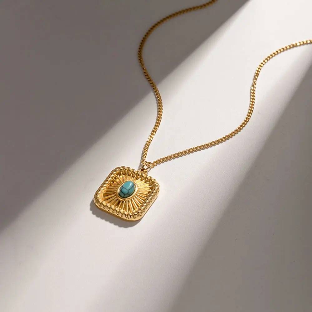 18Kt Gold Plated Geometric Sun & Stone Necklace, Marge : INMARGE