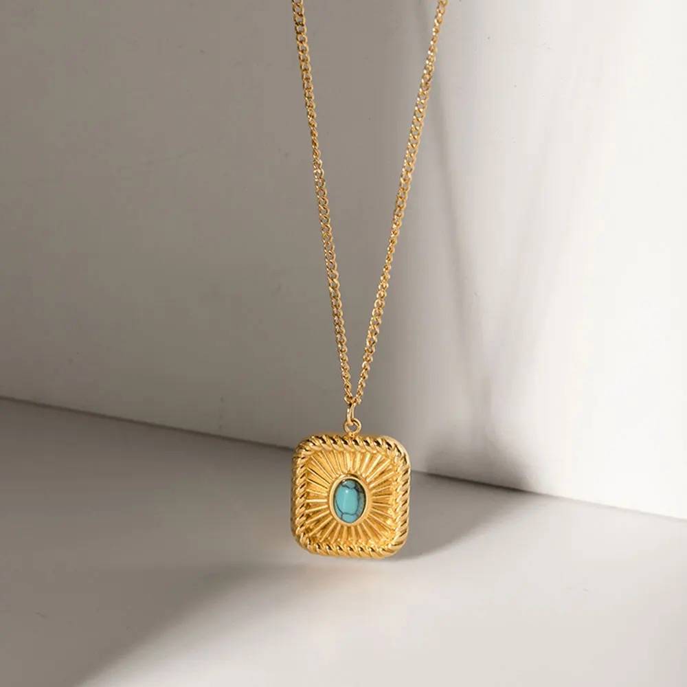18Kt Gold Plated Geometric Sun & Stone Necklace, Marge : INMARGE