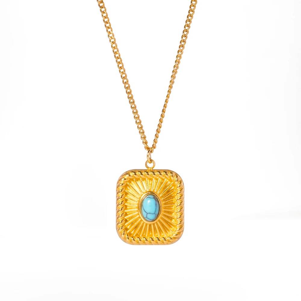 18Kt Gold Plated Geometric Sun & Stone Necklace, Marge : INMARGE