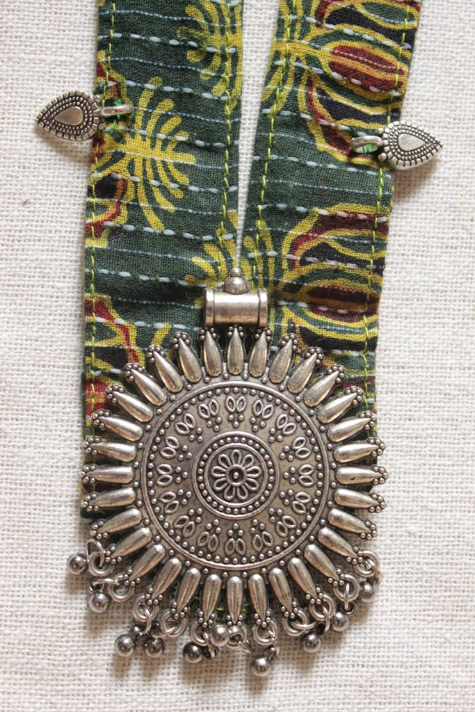 Green Block Printed Fabric Collar Necklace Set With Metal Pendant And Charms : ALT-JEW-krishna-248