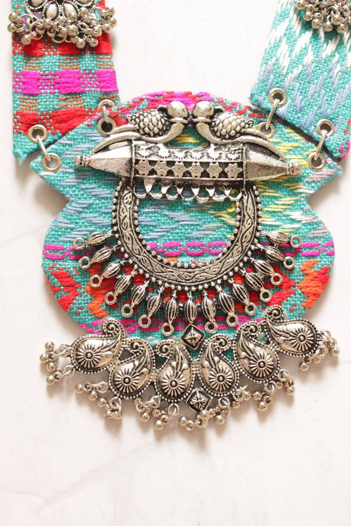 Blue And Multi-Color Hand Embroidered Collar Necklace With Metal Accents : ALT-JEW-KM-250