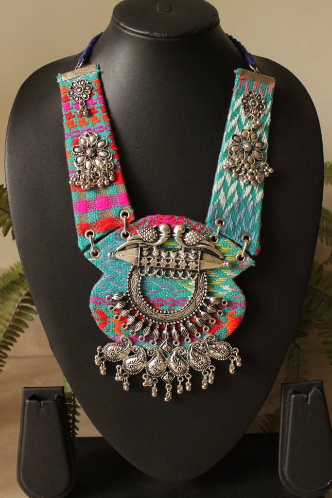 Blue And Multi-Color Hand Embroidered Collar Necklace With Metal Accents : ALT-JEW-KM-250