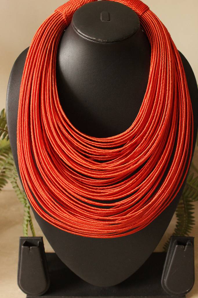 Orange Handmade Silk Threads Multi-Layer Statement African Choker Necklace : ALT-JEW-RWT-186