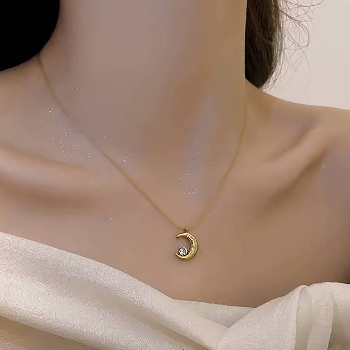 18Kt Gold Plated Statement Crescent Moon Zircon Necklace, Coral : INCORAL1