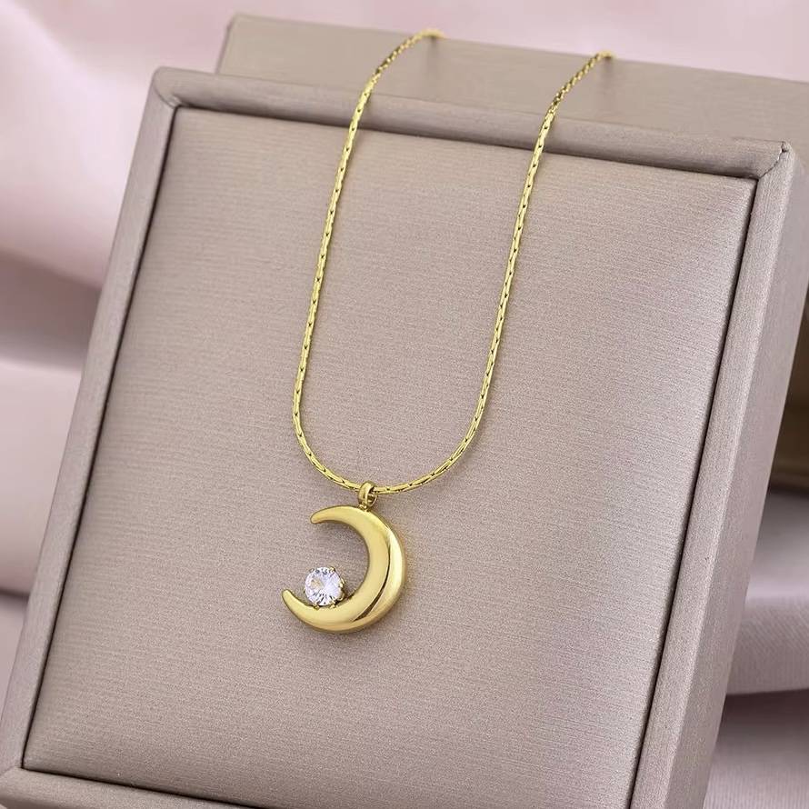 18Kt Gold Plated Statement Crescent Moon Zircon Necklace, Coral : INCORAL1