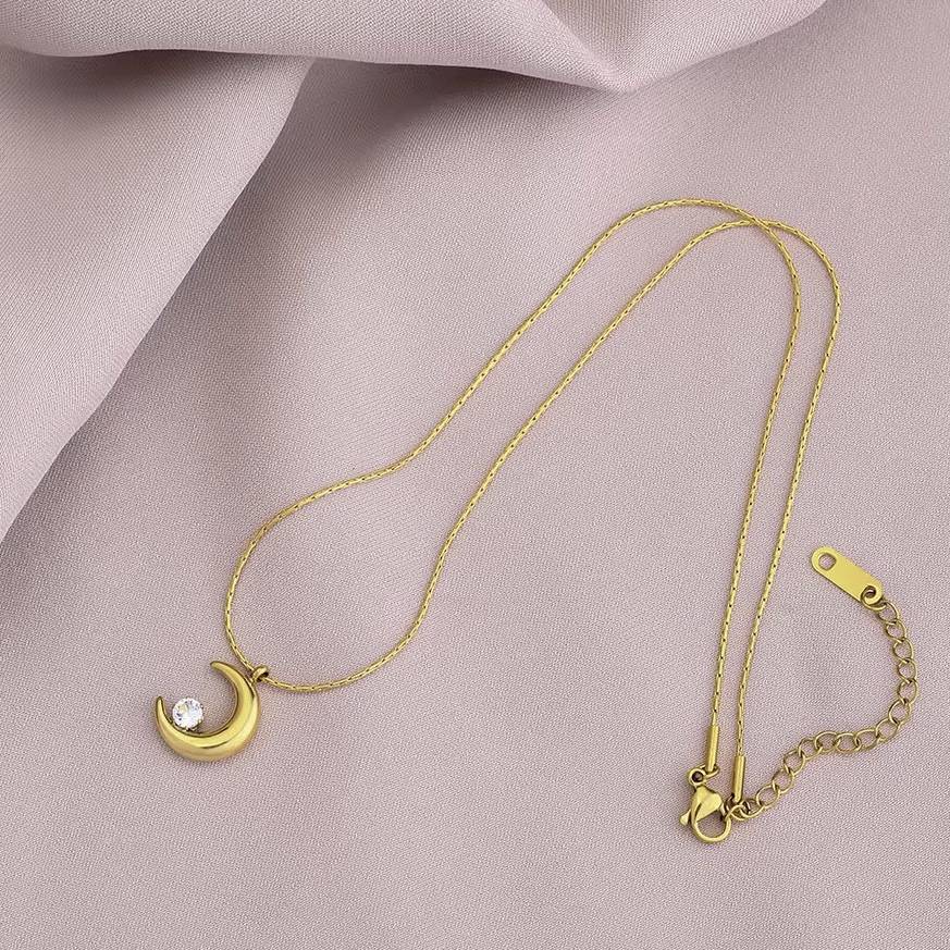 18Kt Gold Plated Statement Crescent Moon Zircon Necklace, Coral : INCORAL1