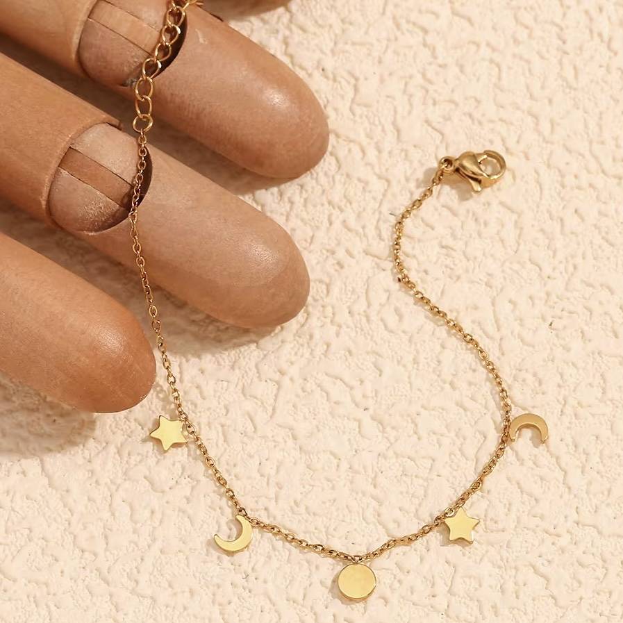 18Kt Gold Plated Sun Star And Moon Dainty Charm Bracelet, August : INAUGUST11