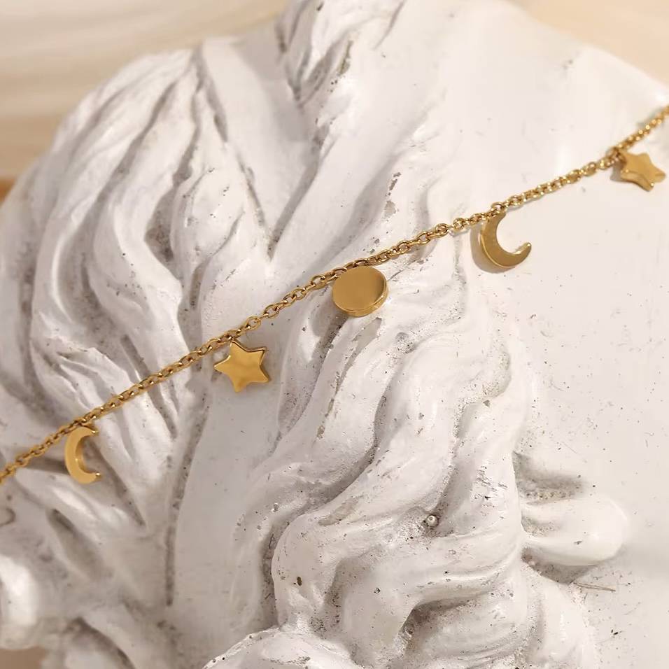18Kt Gold Plated Sun Star And Moon Dainty Charm Bracelet, August : INAUGUST11