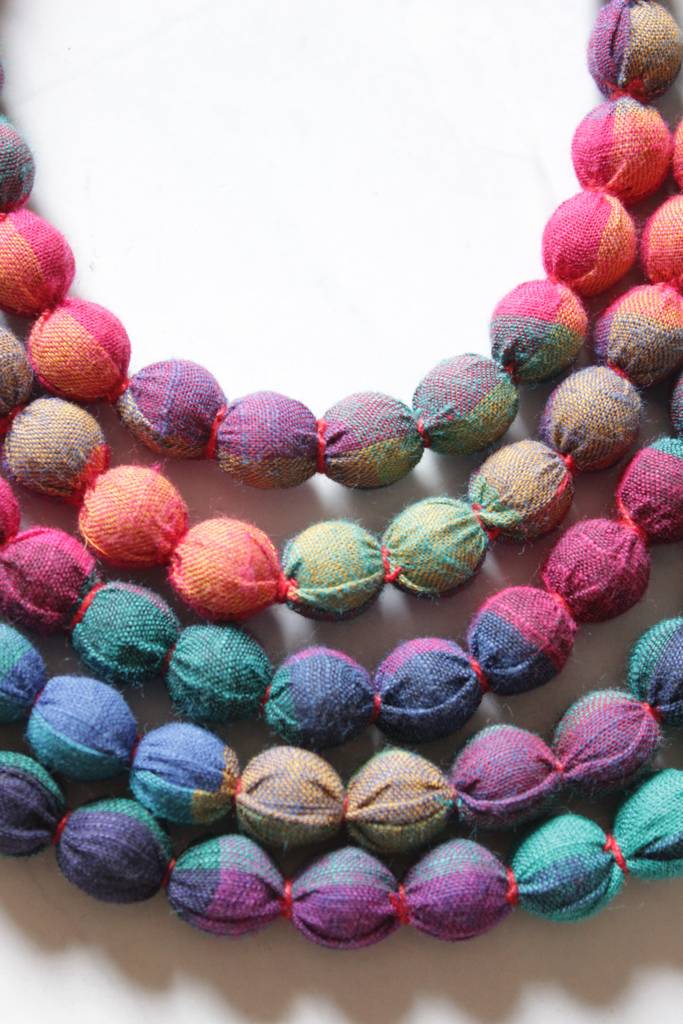 5 Layer Shades Of Pink And Blue Fabric Beads Handmade Necklace : ALT-JEW-Sai-14