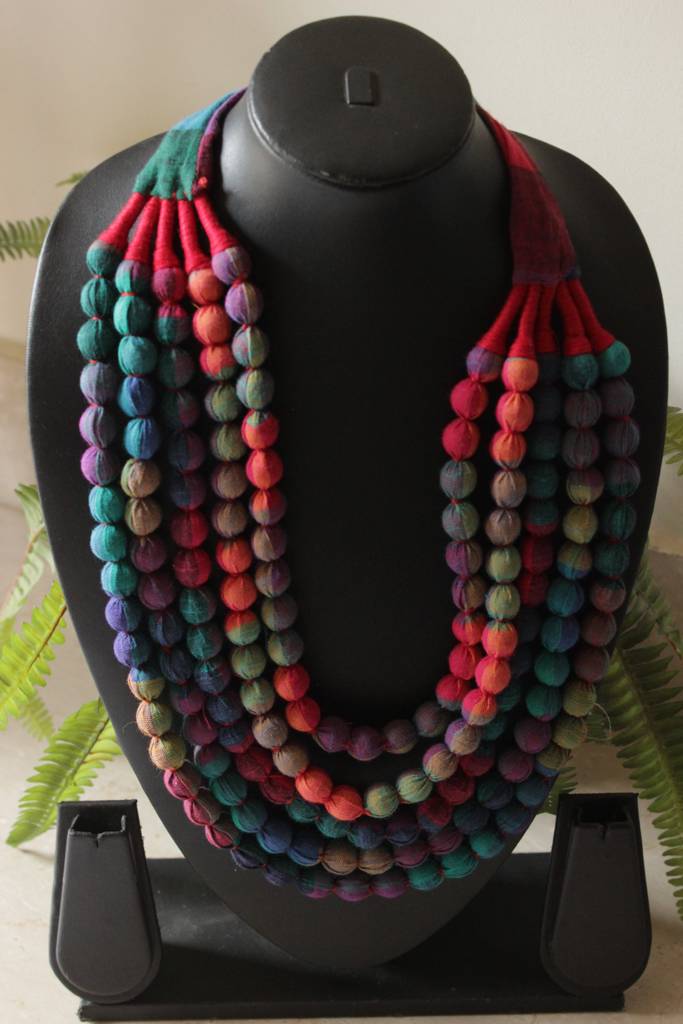 5 Layer Shades Of Pink And Blue Fabric Beads Handmade Necklace : ALT-JEW-Sai-14
