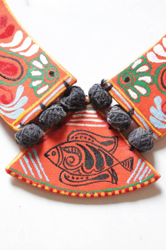 Orange Hand Painted Fabric Adjustable Length Choker Necklace Set : ALT-Jew-Sipani-204