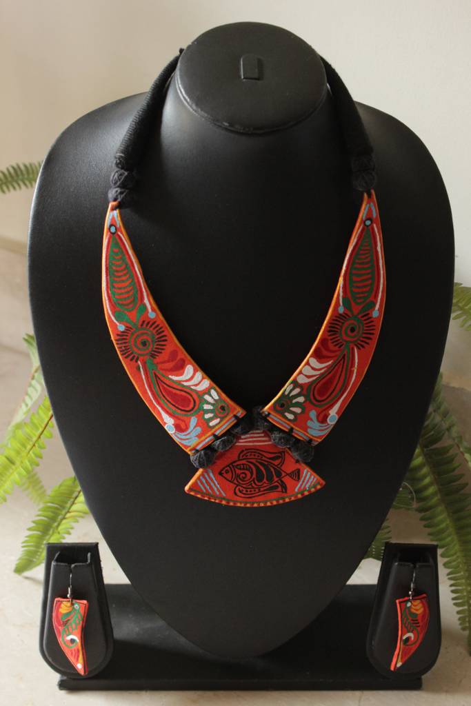 Orange Hand Painted Fabric Adjustable Length Choker Necklace Set : ALT-Jew-Sipani-204